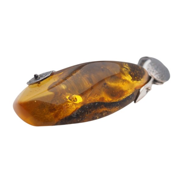 Bursztyn z inkluzją roślinną i młotkowane srebro oksydowane - naszyjnik na rzemieniu