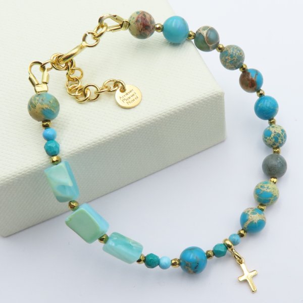 Mix Kamieni i srebro złocone  - bransoletka różaniec 18 cm + 3,5 cm regulacja