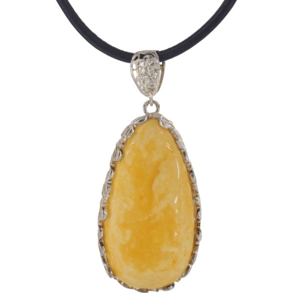 Naturalny Bursztyn żółty i srebro - zawieszka z motywem kwiatów