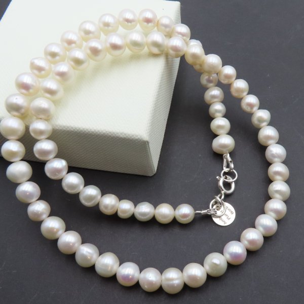 Perły Naturalne, białe i srebro - naszyjnik choker 40cm