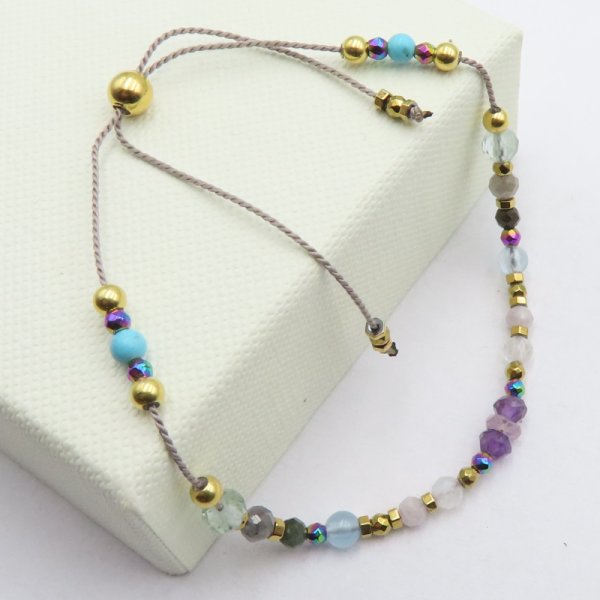 Bransoletka Mix Kamieni dla RYBY i srebro złocone - bransoletka na sznurku z regulacją 