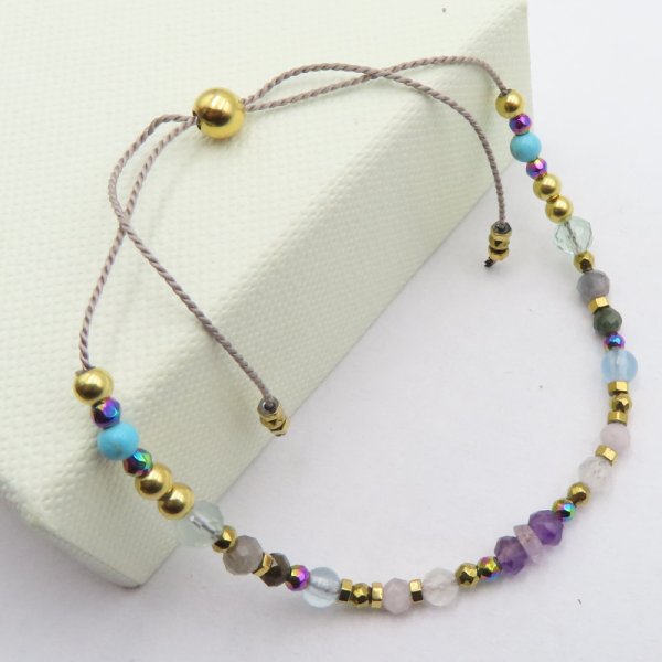 Bransoletka Mix Kamieni dla RYBY i srebro złocone - bransoletka na sznurku z regulacją 