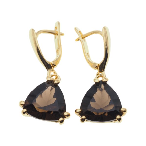Kwarc dymny i srebro złocone - kolczyki trójkąt (szlif diamentowy)