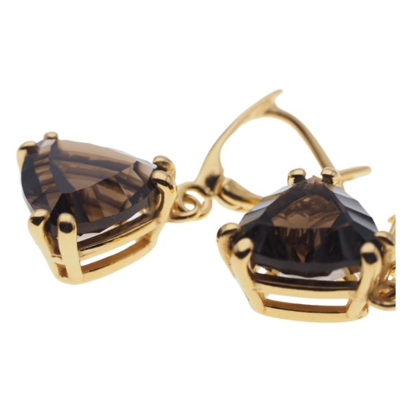 Kwarc dymny i srebro złocone - kolczyki trójkąt (szlif diamentowy)