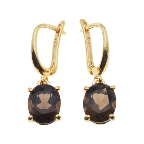 Kwarc dymny i srebro złocone - kolczyki owalne (szlif diamentowy)