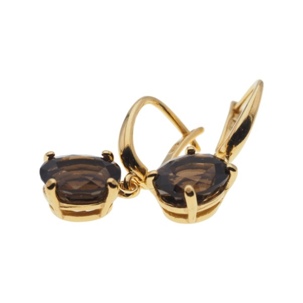 Kwarc dymny i srebro złocone - kolczyki owalne (szlif diamentowy)