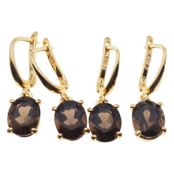 Kwarc dymny i srebro złocone - kolczyki owalne (szlif diamentowy)