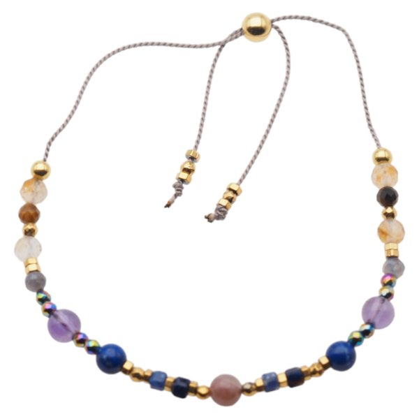 Bransoletka Mix Kamieni dla PANNY i srebro złocone - bransoletka na sznurku z regulacją 