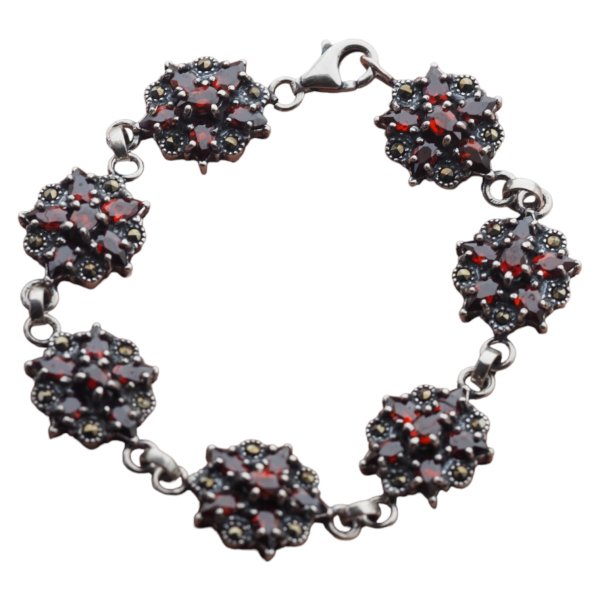 Granat fasetowany i markezyty w srebrze oksydowanym - bransoletka