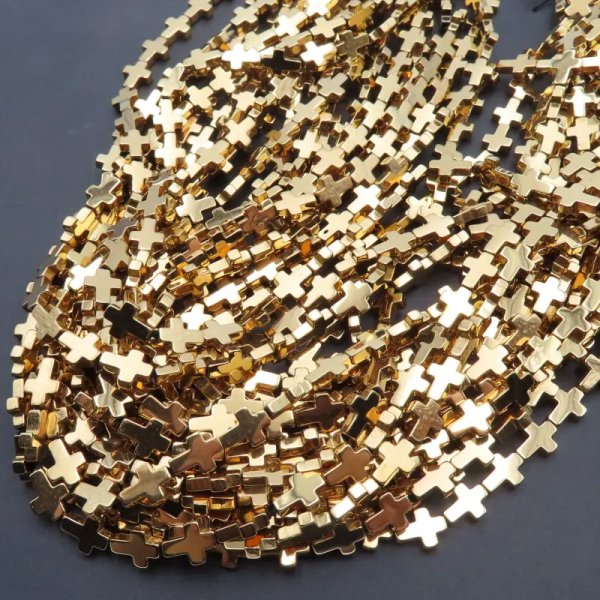 Hematyt złocony AU krzyż 6x8 mm (sznur)