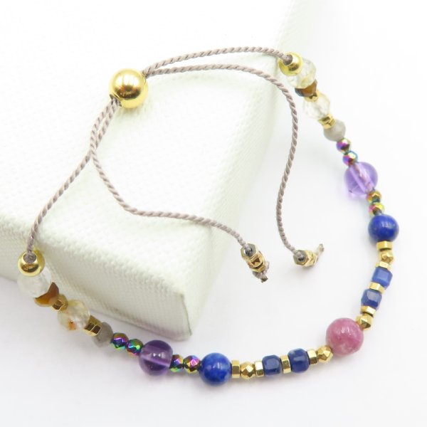 Bransoletka Mix Kamieni dla PANNY i srebro złocone - bransoletka na sznurku z regulacją 