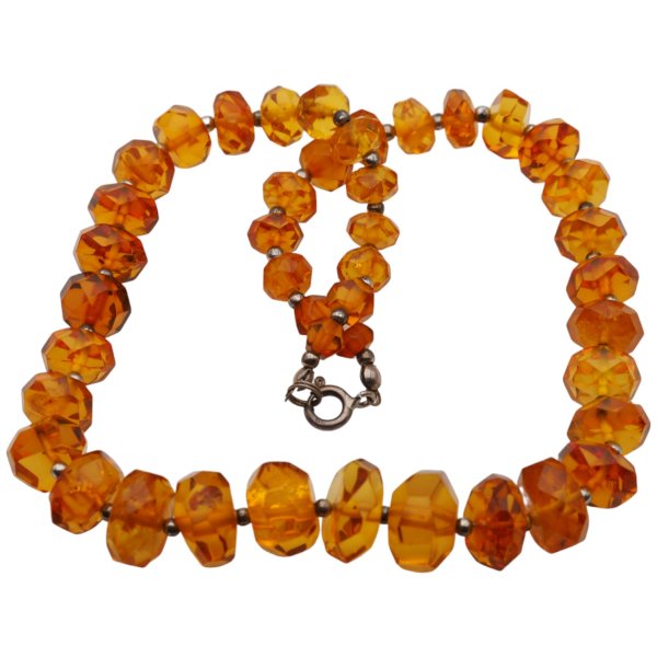 Bursztyn - walce fasetowane - korale i srebro 