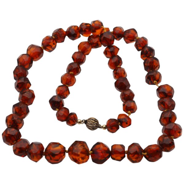 Koniakowy Bursztyn Fasetowany i srebro - korale