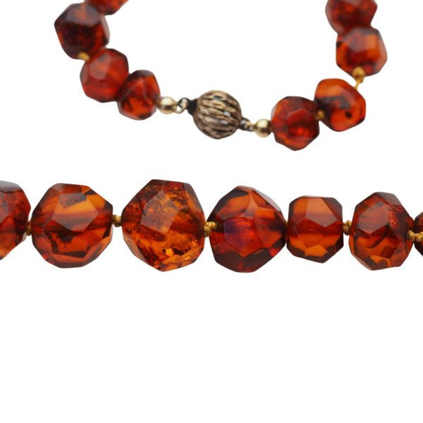 Koniakowy Bursztyn Fasetowany i srebro - korale