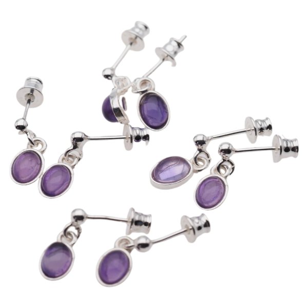 Ametyst i srebro - kolczyki wiszące sztyfty - owale (para)