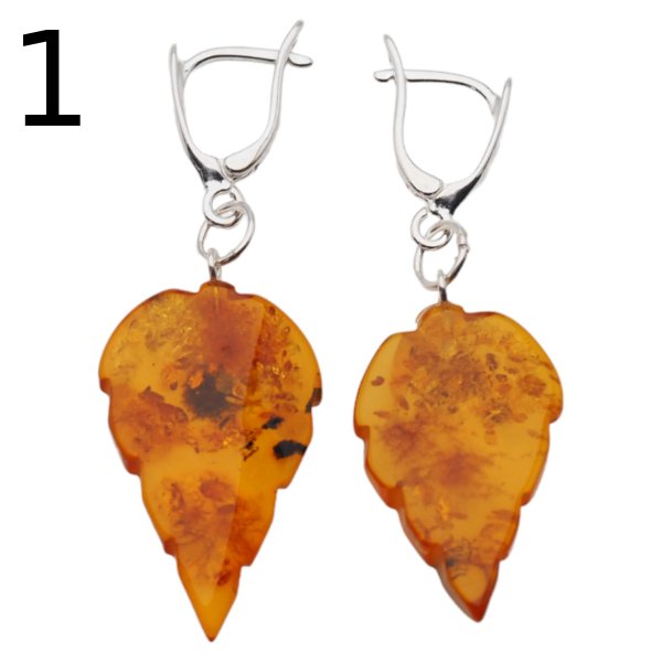 Bursztyn koniakowy, rzeźbiony i srebro - kolczyki listki (różne pary do wyboru)