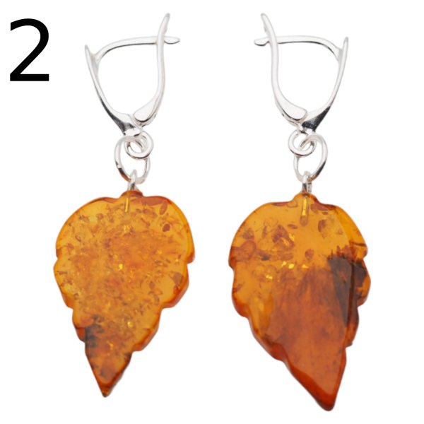 Bursztyn koniakowy, rzeźbiony i srebro - kolczyki listki (różne pary do wyboru)