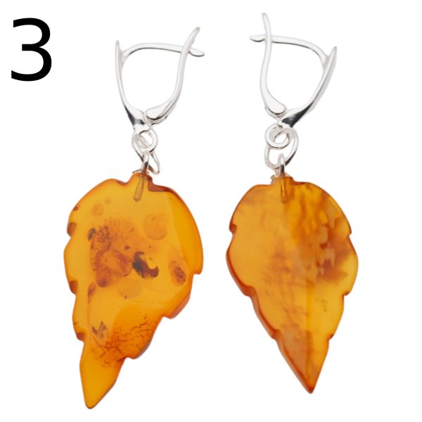 Bursztyn koniakowy, rzeźbiony i srebro - kolczyki listki (różne pary do wyboru)