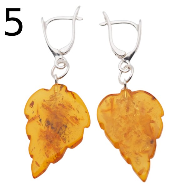 Bursztyn koniakowy, rzeźbiony i srebro - kolczyki listki (różne pary do wyboru)