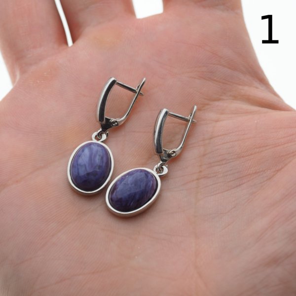 Czaroit i srebro rodowane - kolczyki owale (para) (różne kamienie do wyboru)