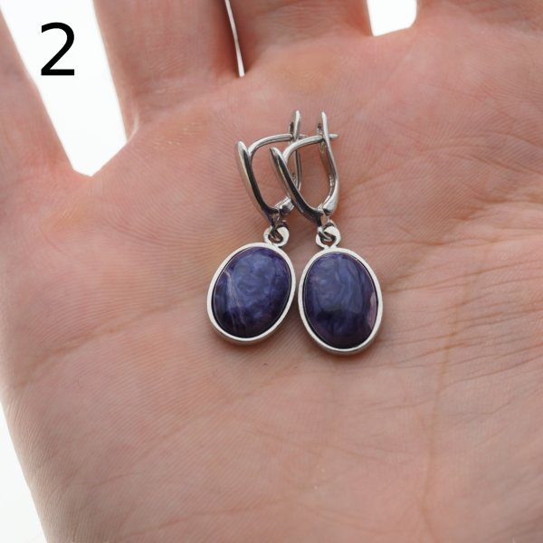 Czaroit i srebro rodowane - kolczyki owale (para) (różne kamienie do wyboru)