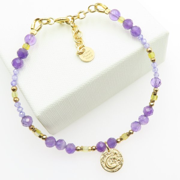 Ametyst, hematyt, cyrkon, agat i srebro złocone  - bransoletka 17,5 cm + 3,5 cm regulacja