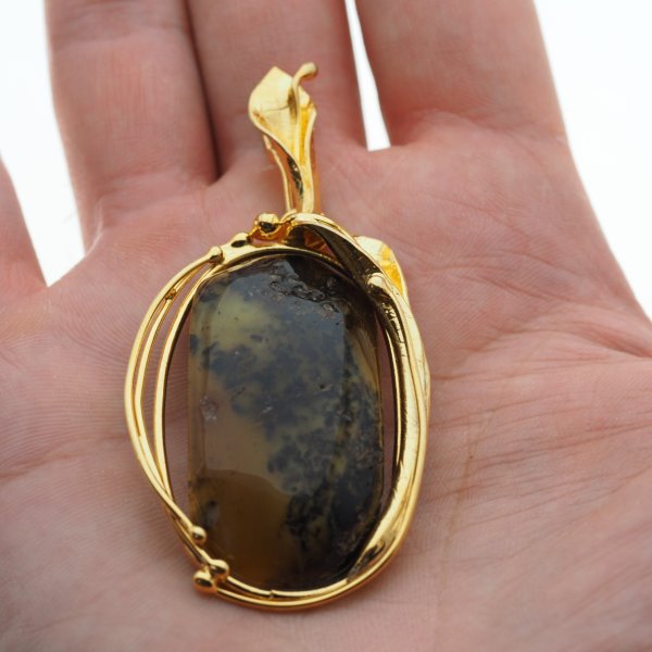 Bursztyn i srebro złocone - zawieszka z liśćmi