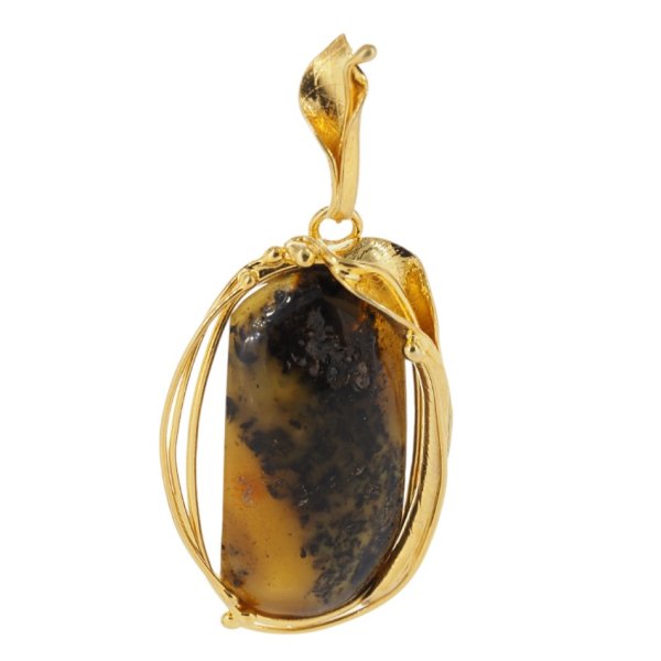 Bursztyn i srebro złocone - zawieszka z liśćmi