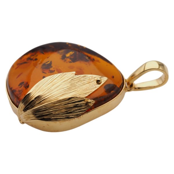 Koniakowy bursztyn z łuskami i srebro złocone - zawieszka z liśćmi