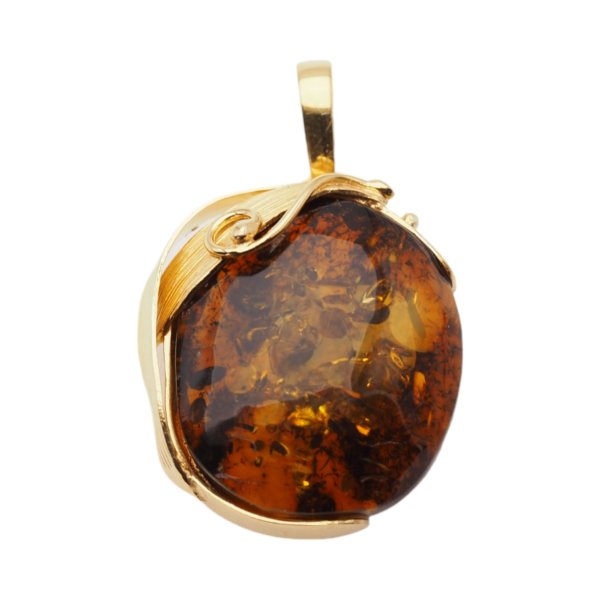 Koniakowy bursztyn z łuskami i srebro złocone - zawieszka z liśćmi