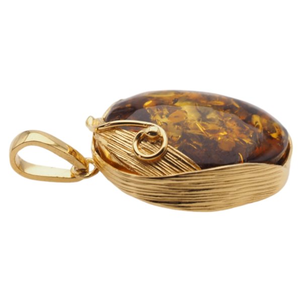 Koniakowy bursztyn z łuskami i srebro złocone - zawieszka z liśćmi