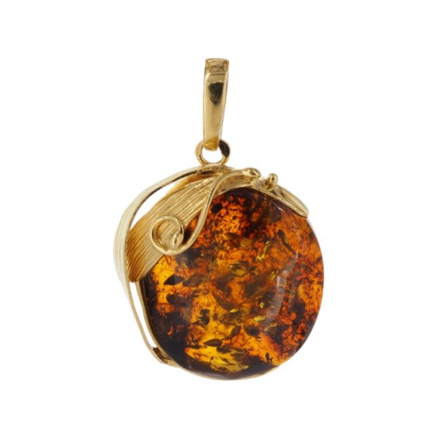 Koniakowy bursztyn z łuskami i srebro złocone - zawieszka z liśćmi