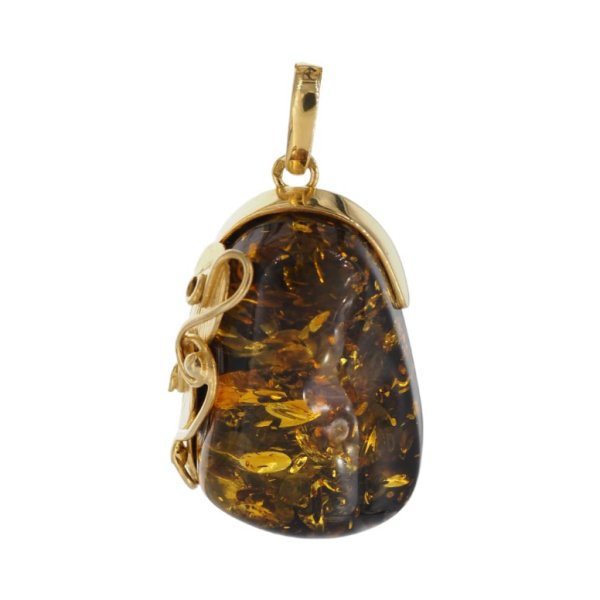 Zielony bursztyn z łuskami i srebro złocone - zawieszka z liśćmi