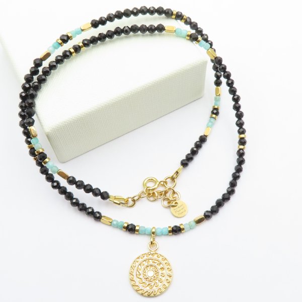 Turmalin i Amazonit w srebrze złoconym - naszyjnik 