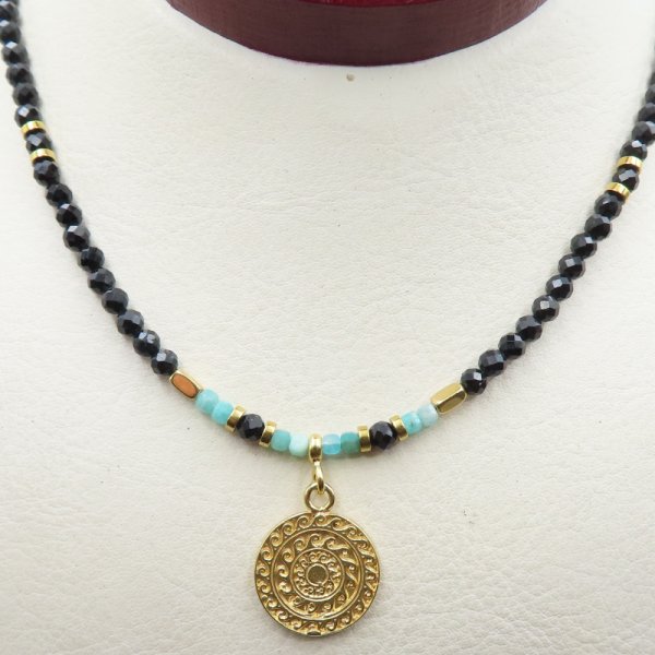 Turmalin i Amazonit w srebrze złoconym - naszyjnik 