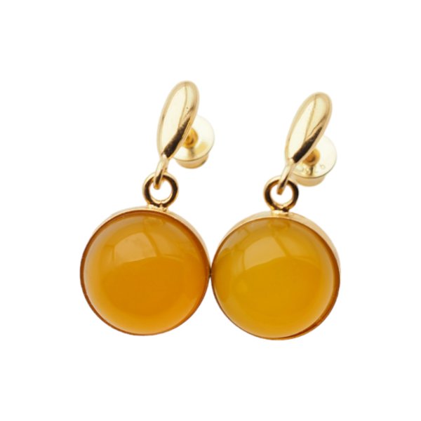 Agat żółty w srebrze złoconym - kolczyki sztyfty wiszące