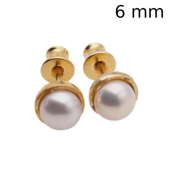 Perła biała i srebro złocone - kolczyki sztyfty - okrągłe 6, 8 lub 10 mm (para)