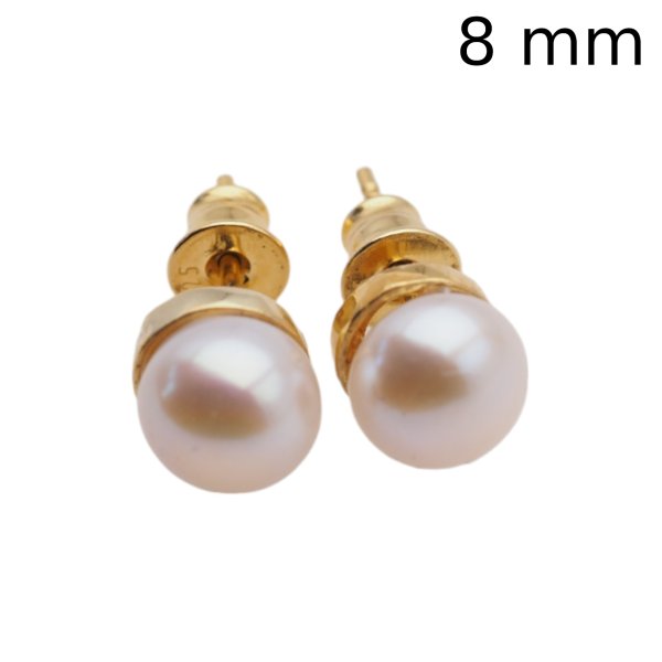 Perła biała i srebro złocone - kolczyki sztyfty - okrągłe 6, 8 lub 10 mm (para)