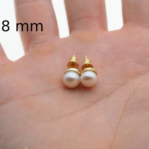 Perła biała i srebro złocone - kolczyki sztyfty - okrągłe 6, 8 lub 10 mm (para)