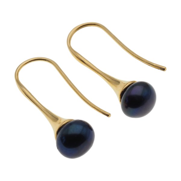 Perła granatowa i srebro złocone - kolczyki otwarte - okrągłe (para)