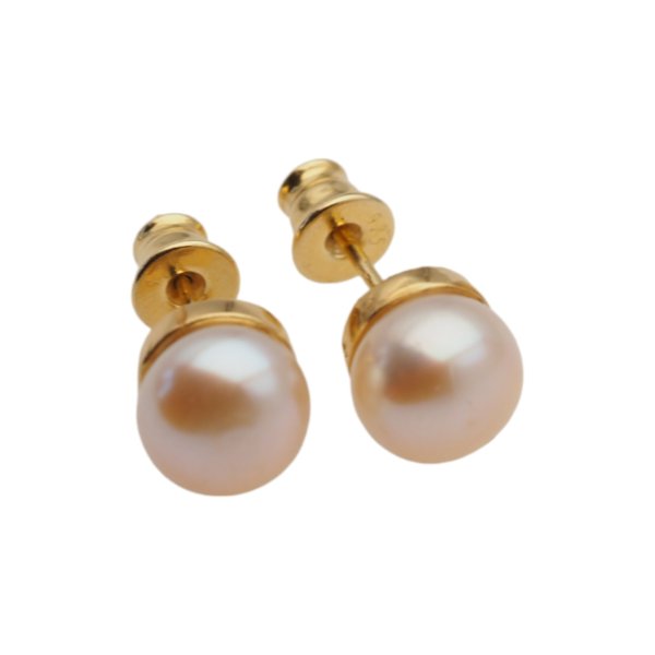 Perła kremowa (ecru) i srebro złocone - kolczyki sztyfty - okrągłe 8 mm (para)