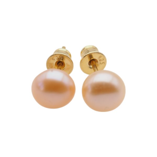 Perła łososiowa i srebro złocone - kolczyki sztyfty - okrągłe 8 mm (para)