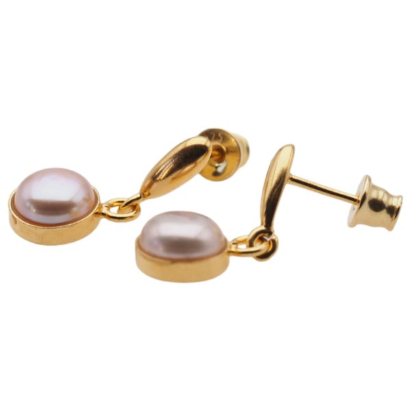 Perły różowe w srebrze złoconym - kolczyki wiszące sztyfty - okrągłe
