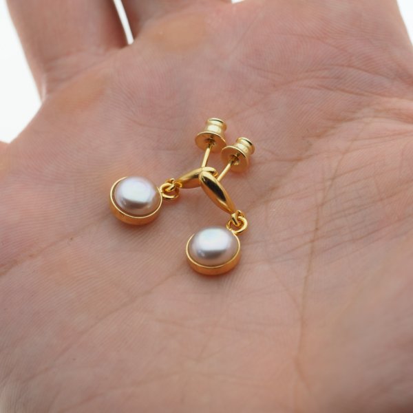 Perły różowe w srebrze złoconym - kolczyki wiszące sztyfty - okrągłe