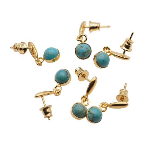 Turkus i srebro złocone - kolczyki wiszące sztyfty - okrągłe (para)