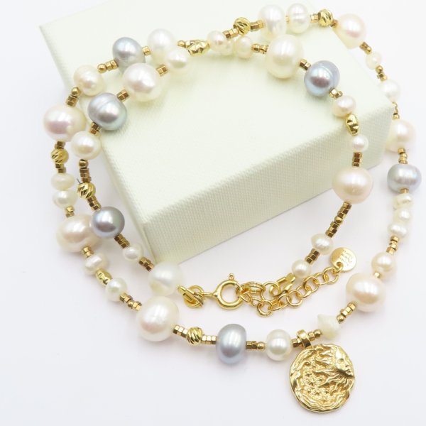 Perły Naturalne, hematyt i srebro złocone - naszyjnik 