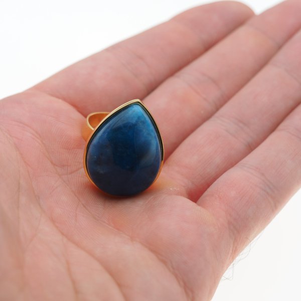 Apatyt i srebro złocone - pierścionek łza (rozmiar jubilerski 17) z regulacją