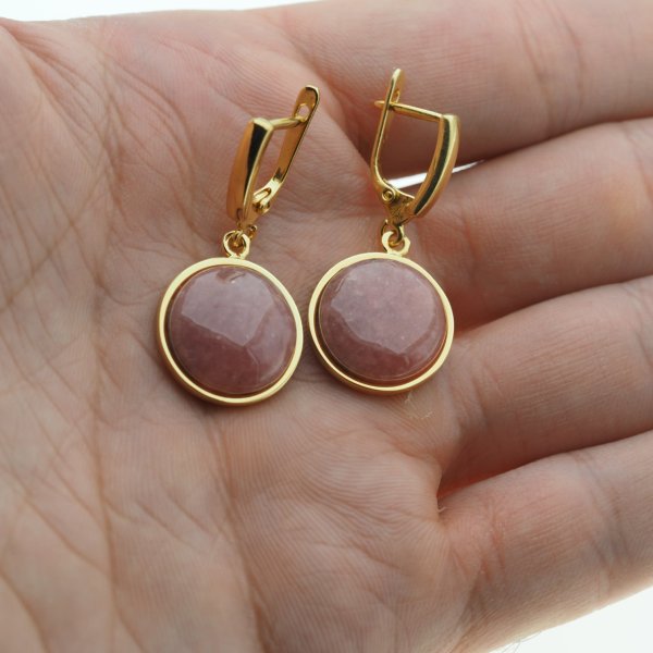 Rodochrozyt w srebrze złoconym - kolczyki okrągłe