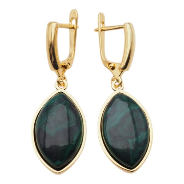 Malachit i srebro złocone - kolczyki markizy (para)