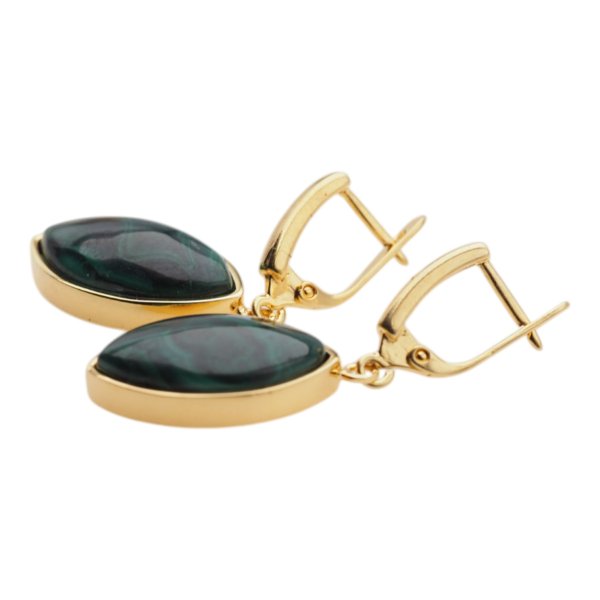 Malachit i srebro złocone - kolczyki markizy (para)